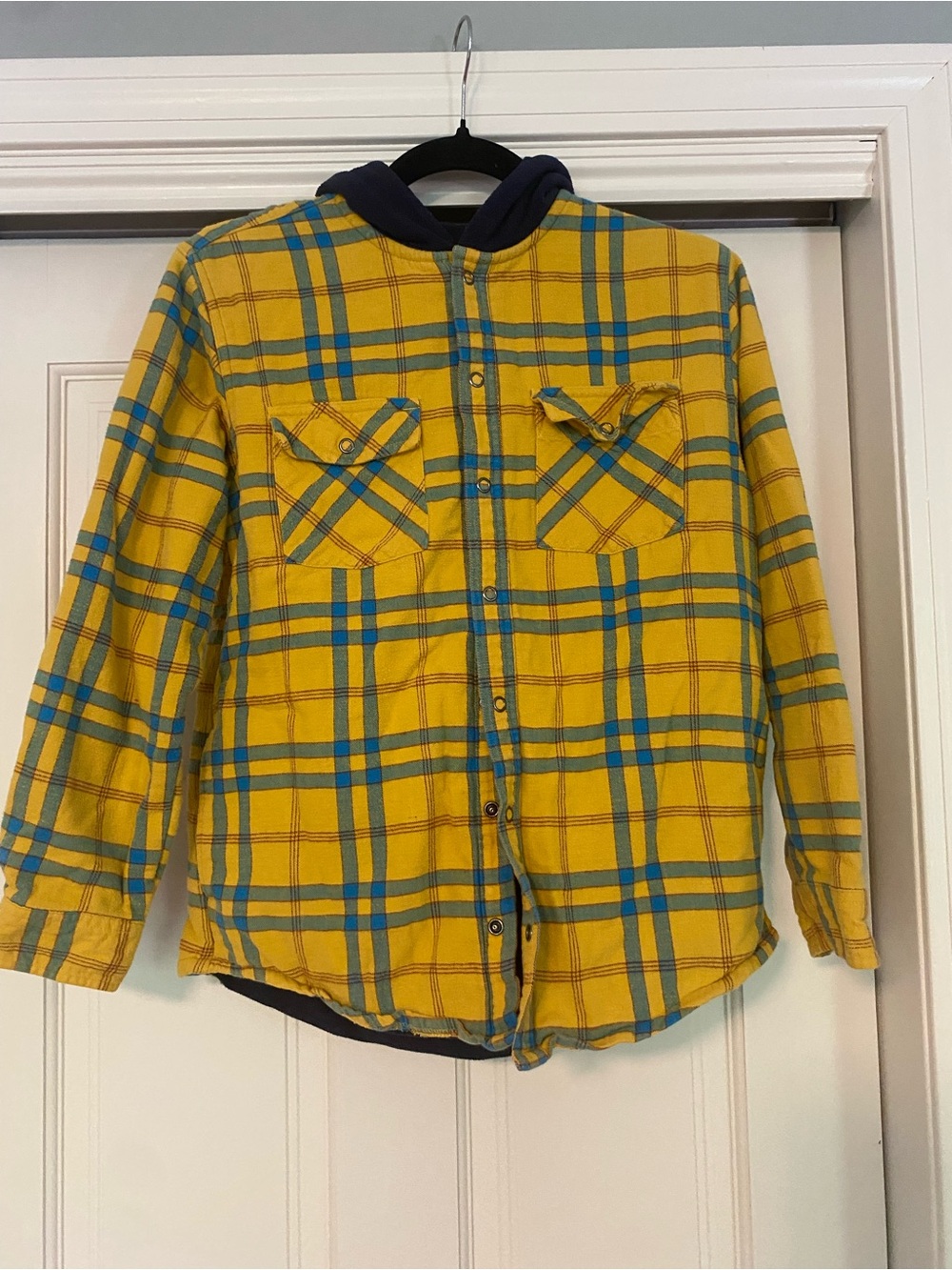 Boys L.L. Bean Yellow Plaid Button-Down fleece lines Hooded Jacket